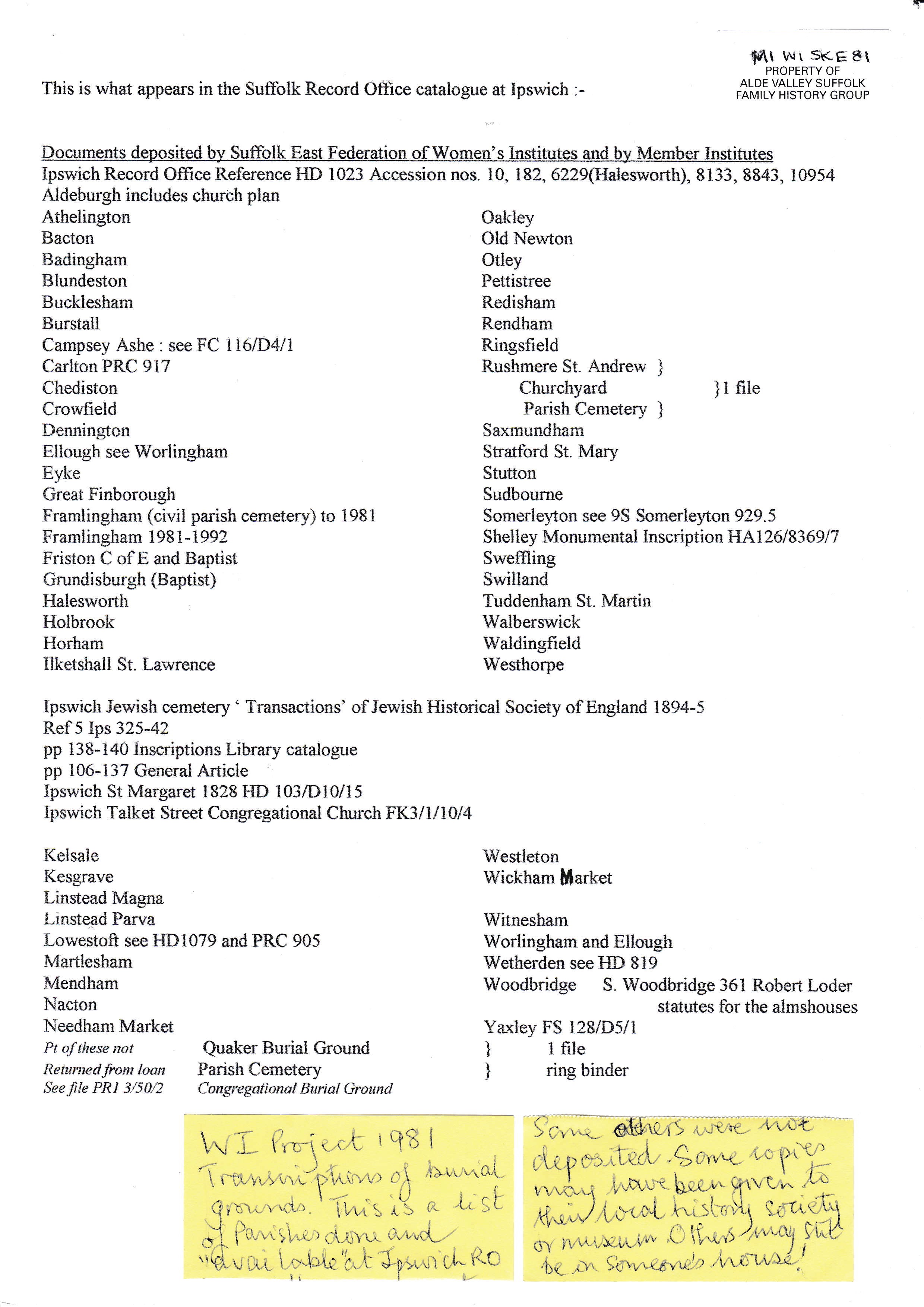 Burial Grounds transcriptions by Suffolk East WI, 1981